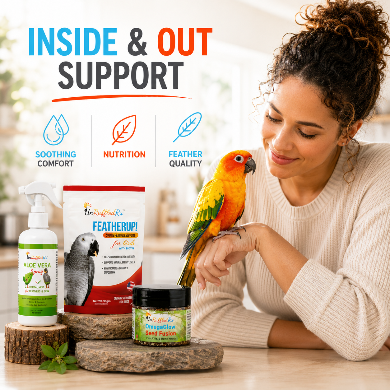 image of woman with a conure and the itchy bird kit showing how it works from the inside out 