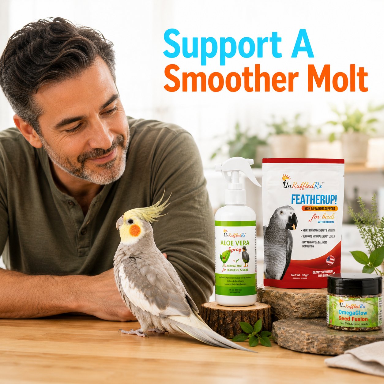 Image of a man with a cockatiel with UnRuffledRx bird care products that support a smoother molt