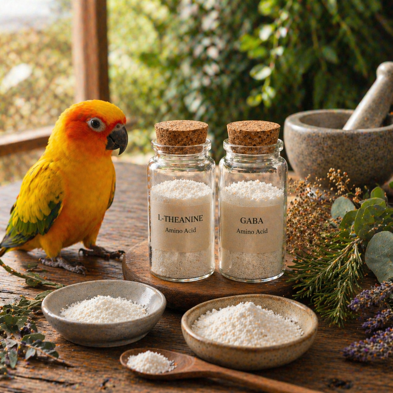 Sun conure calmly perched beside L-theanine and GABA amino acids in a natural setting, supporting neurotransmitter balance, calm behavior, and reduced stress responses in parrots and pet birds
