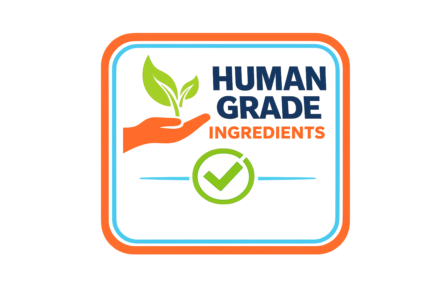 Human Grade Ingredients logo with hand, leaf, and check mark on a white background