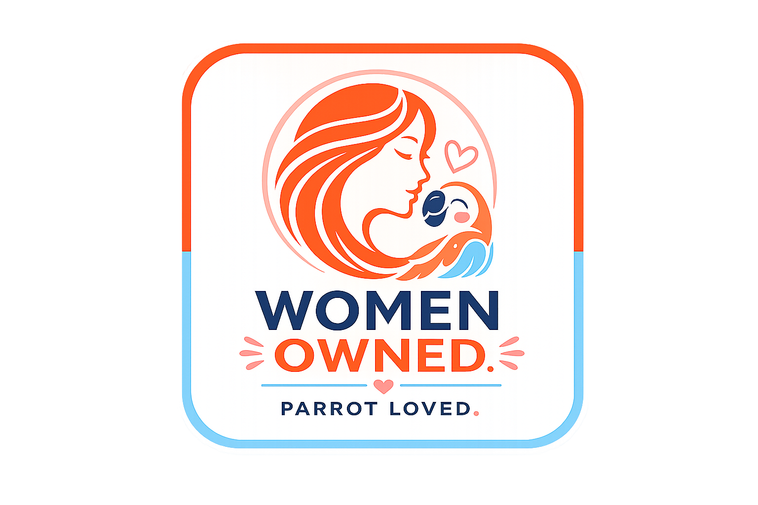 Logo with a stylized face and text 'Women Owned, Parrot Loved' on a white background