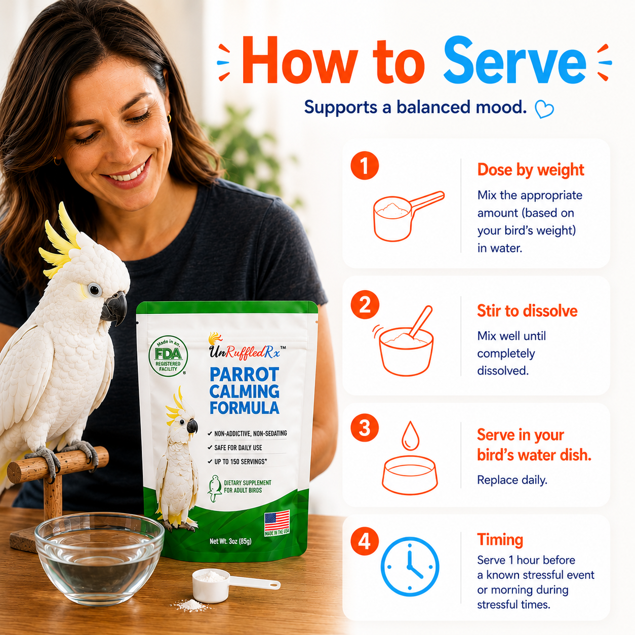 woman feeding her bird parrot calming formula with feeding instructions.