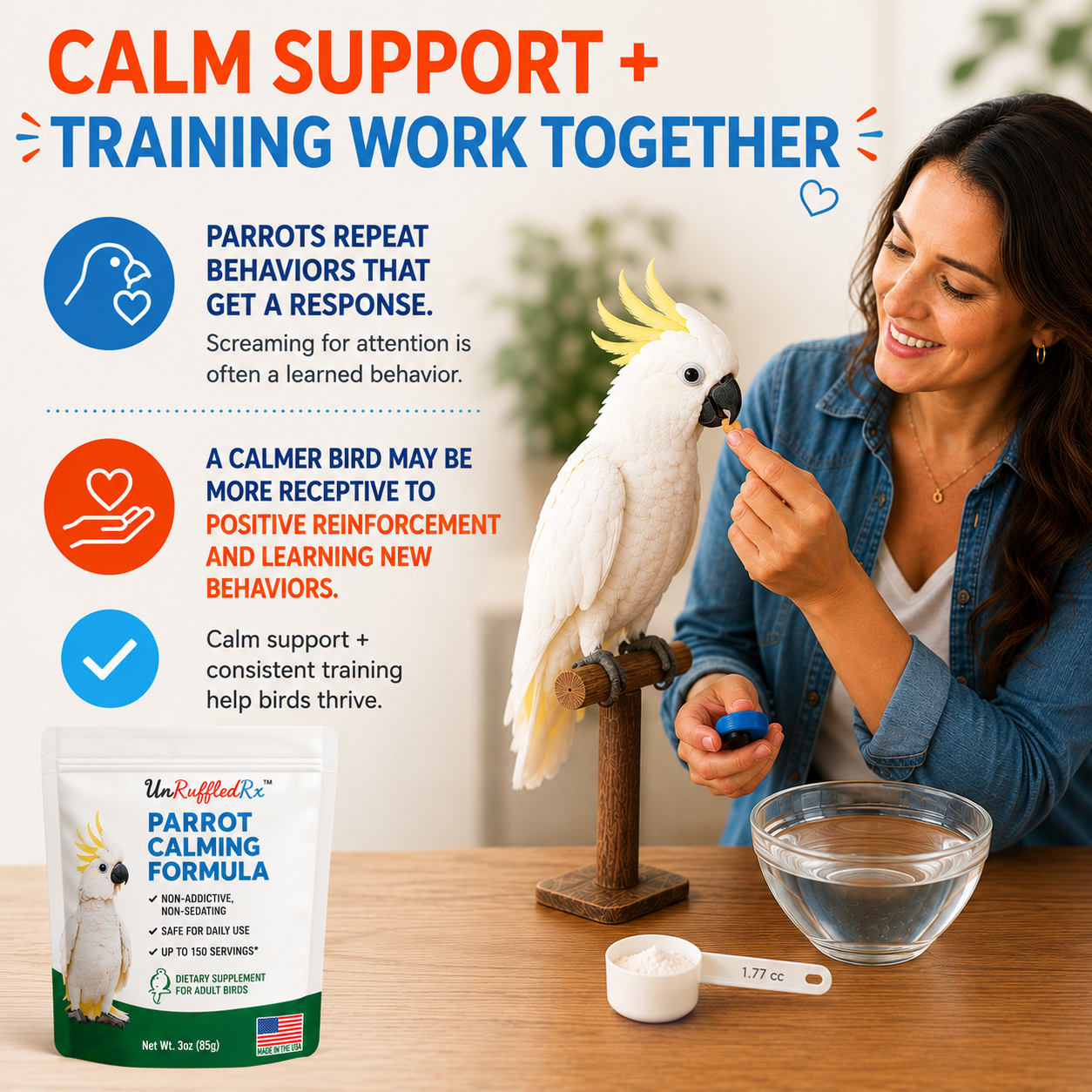 Woman training a parrot and a bottle of parrot calming formula on a table.