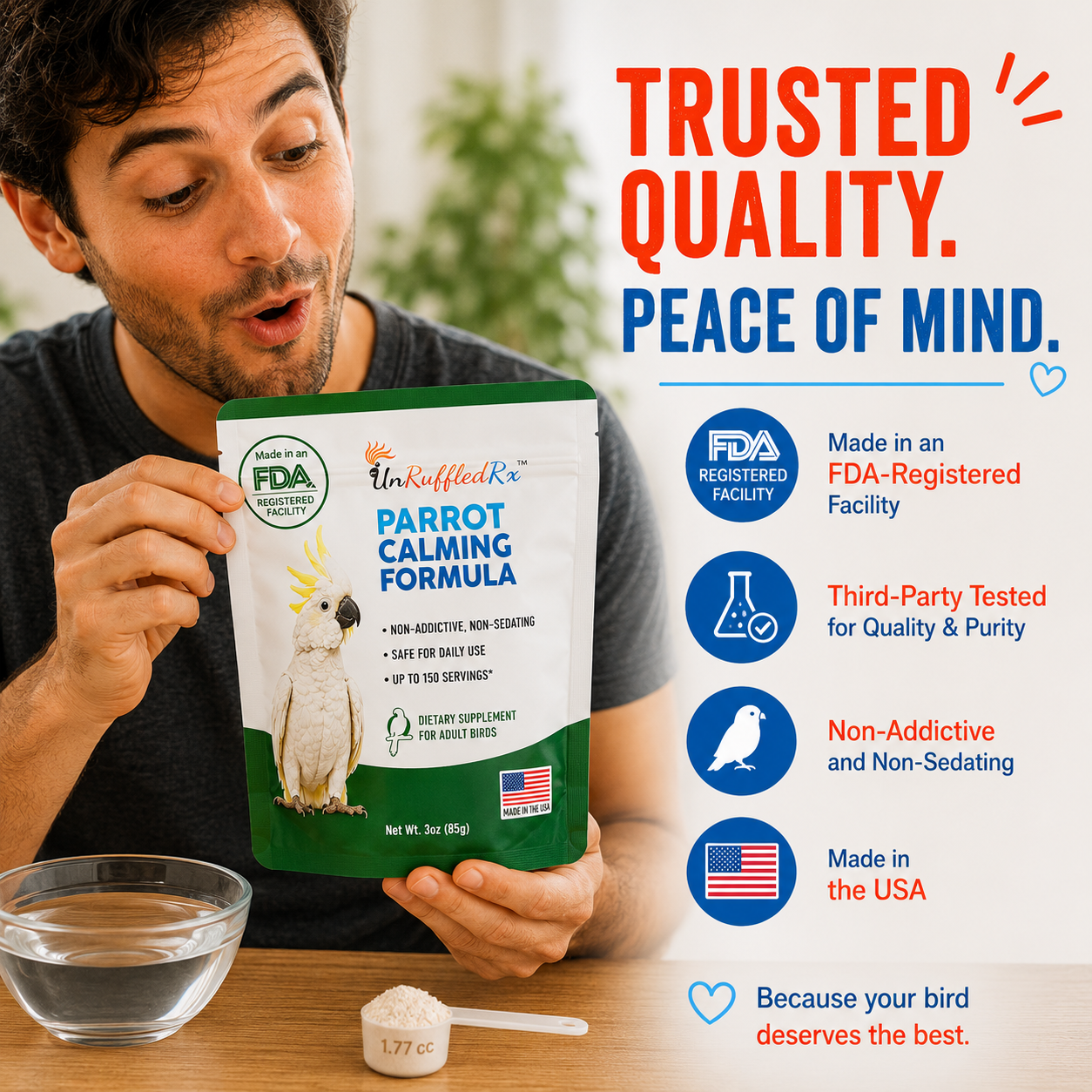 Man holding a package of Unruffled Rx Parrot Calming Formula with product details on a wooden surface.