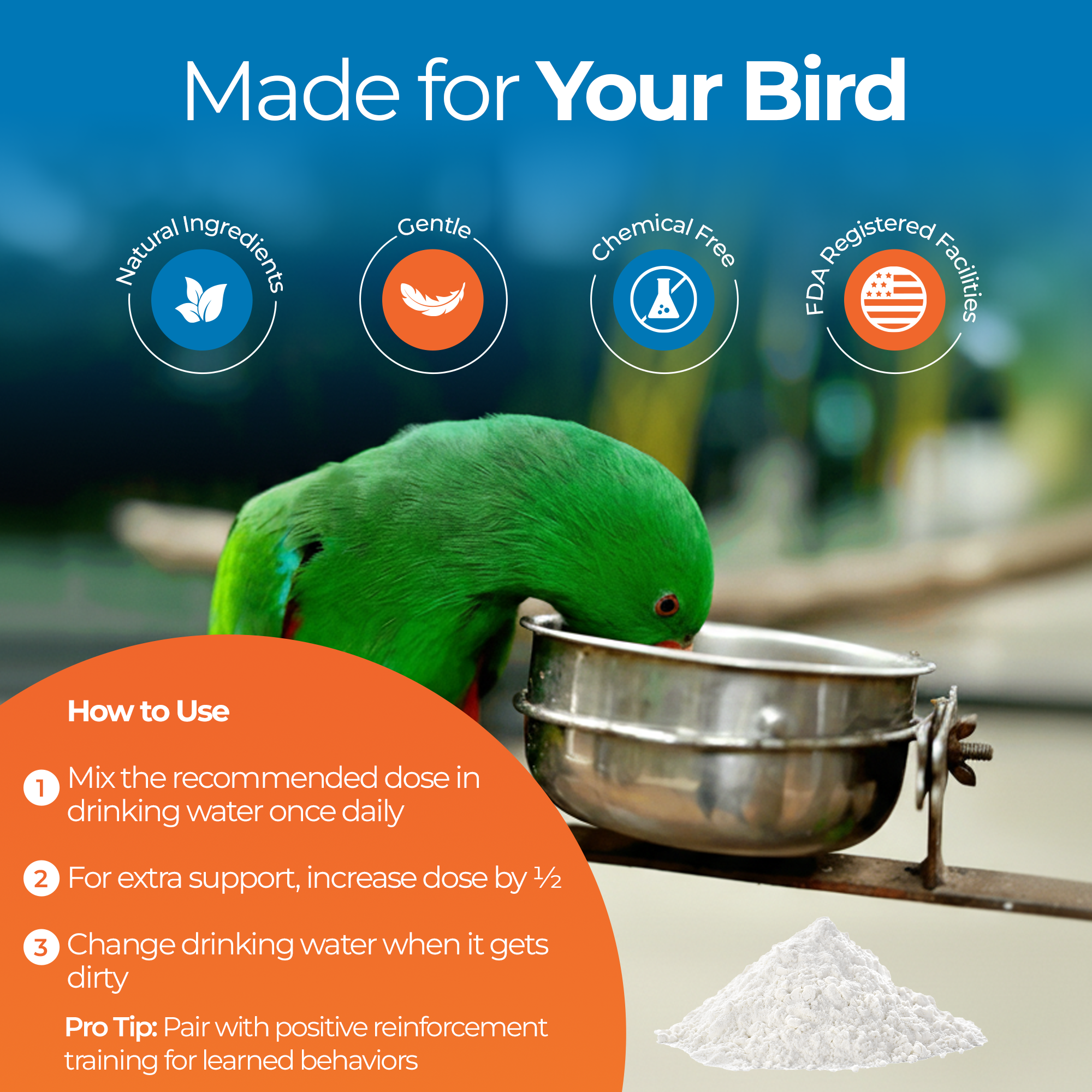 Green parrot drinking water with UnRuffledRx parrot calming supplement instructions and product benefits.