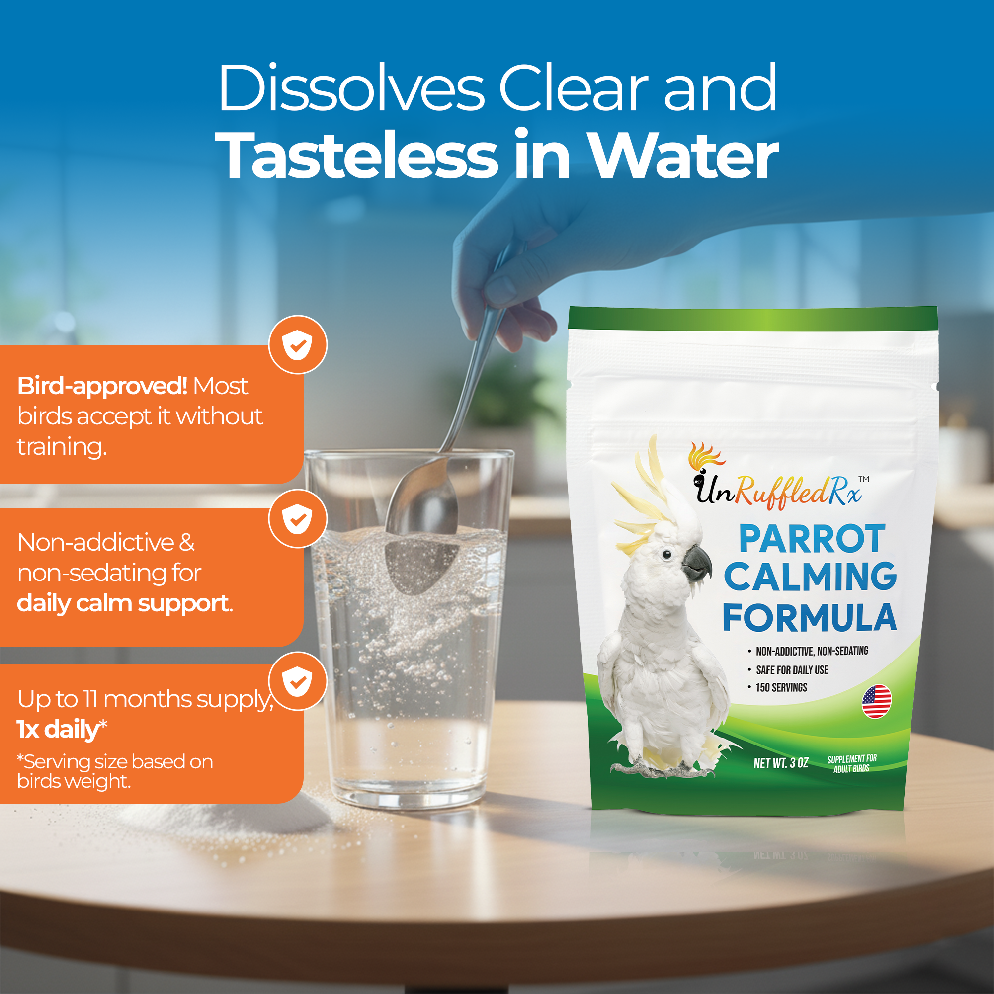 UnRuffledRx Parrot Calming Supplement, 3oz, dissolves in water for bird anxiety relief, non-sedating formula.