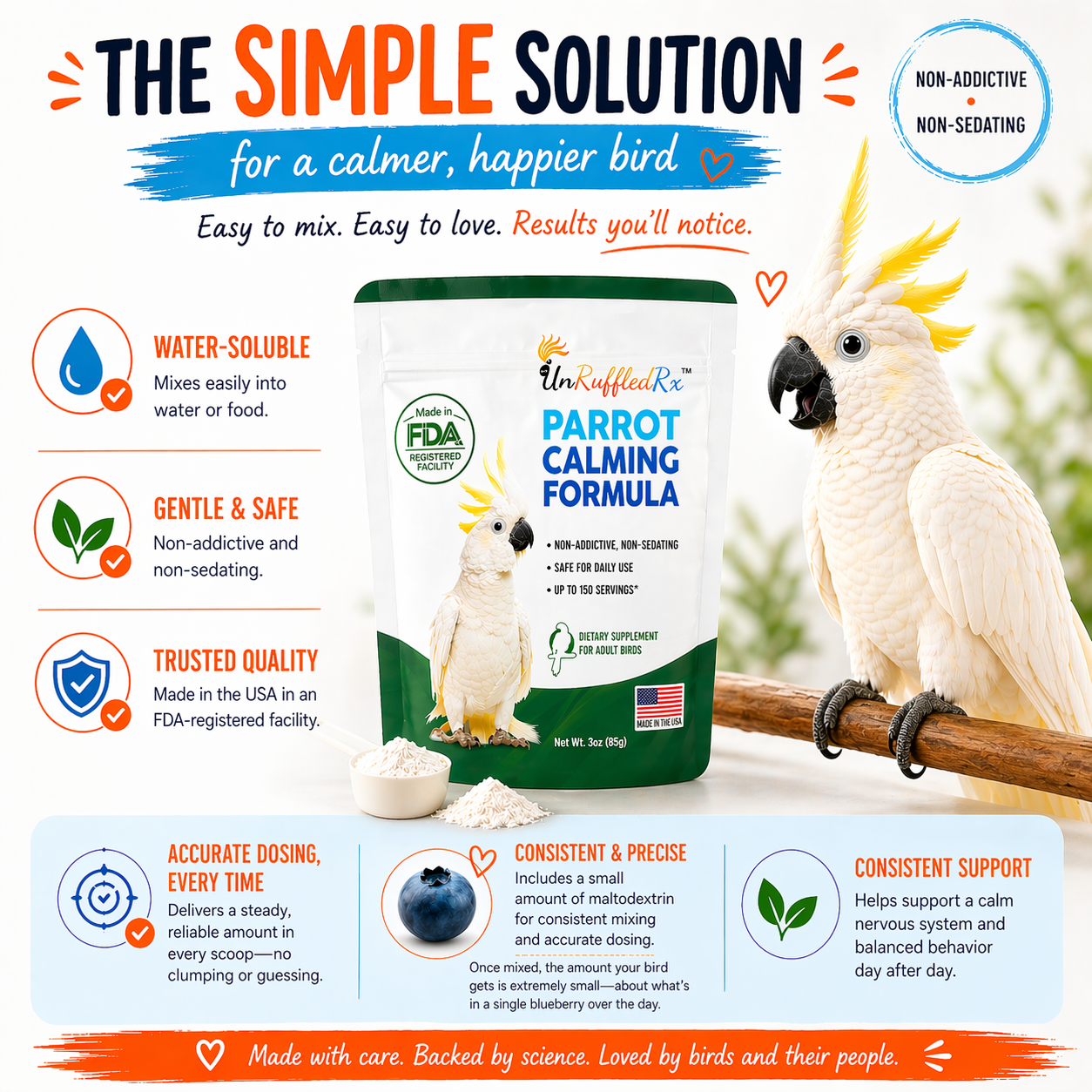 loud, reactive bird? a simple solution is parrot calming formula added to their water dish