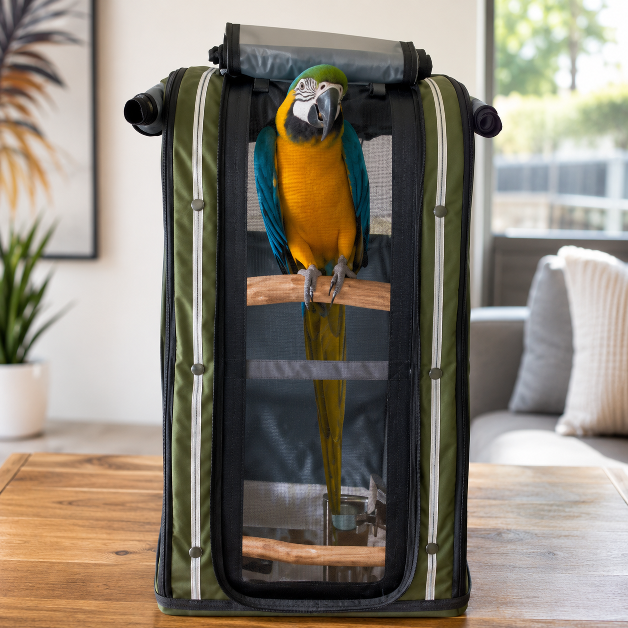 Macaw showing off in her new Pak O Bird  that is designed to keep her tail clean and comfortable