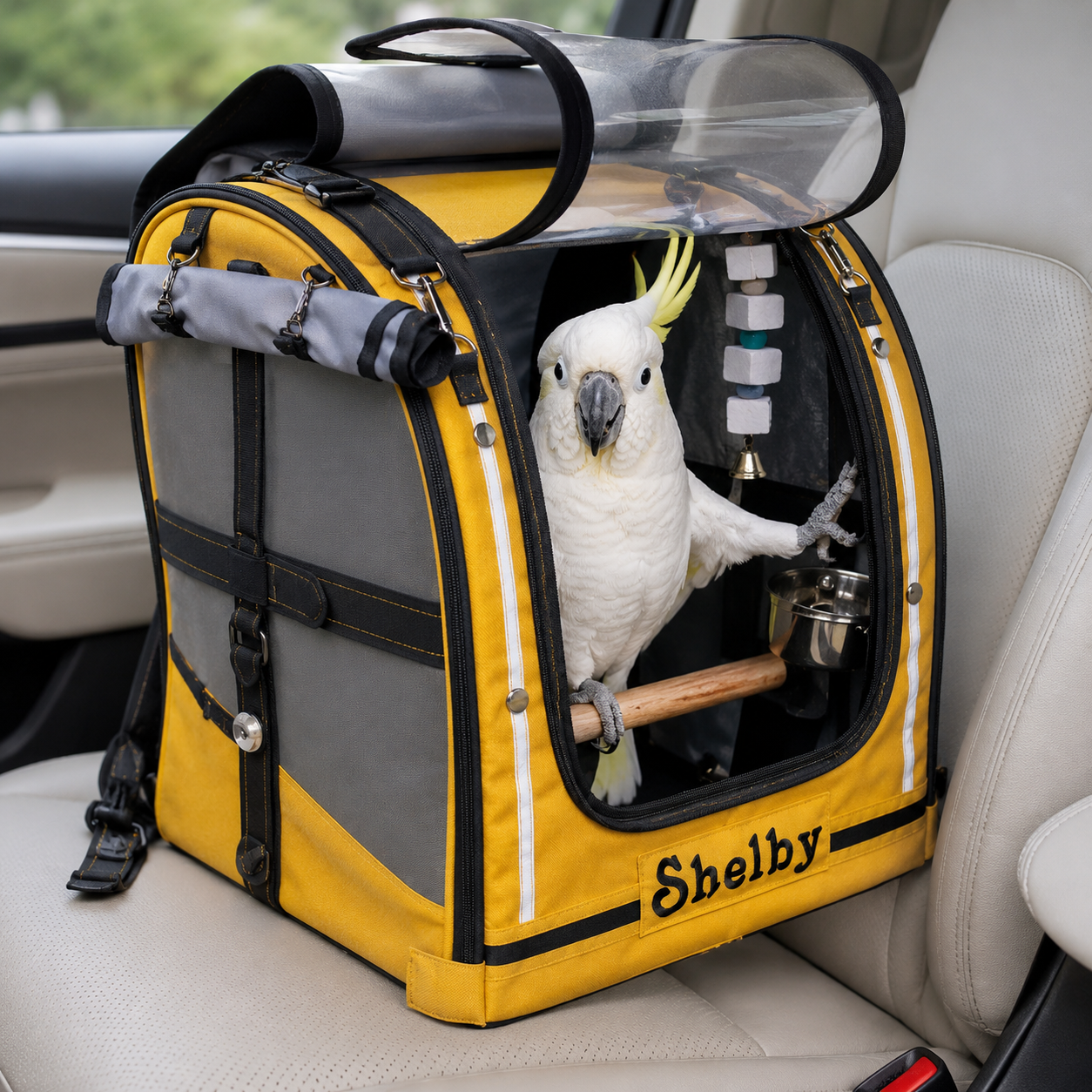 White cockatoo  inside a yellow pet carrier with 'Shelby' monogram on a car seat.