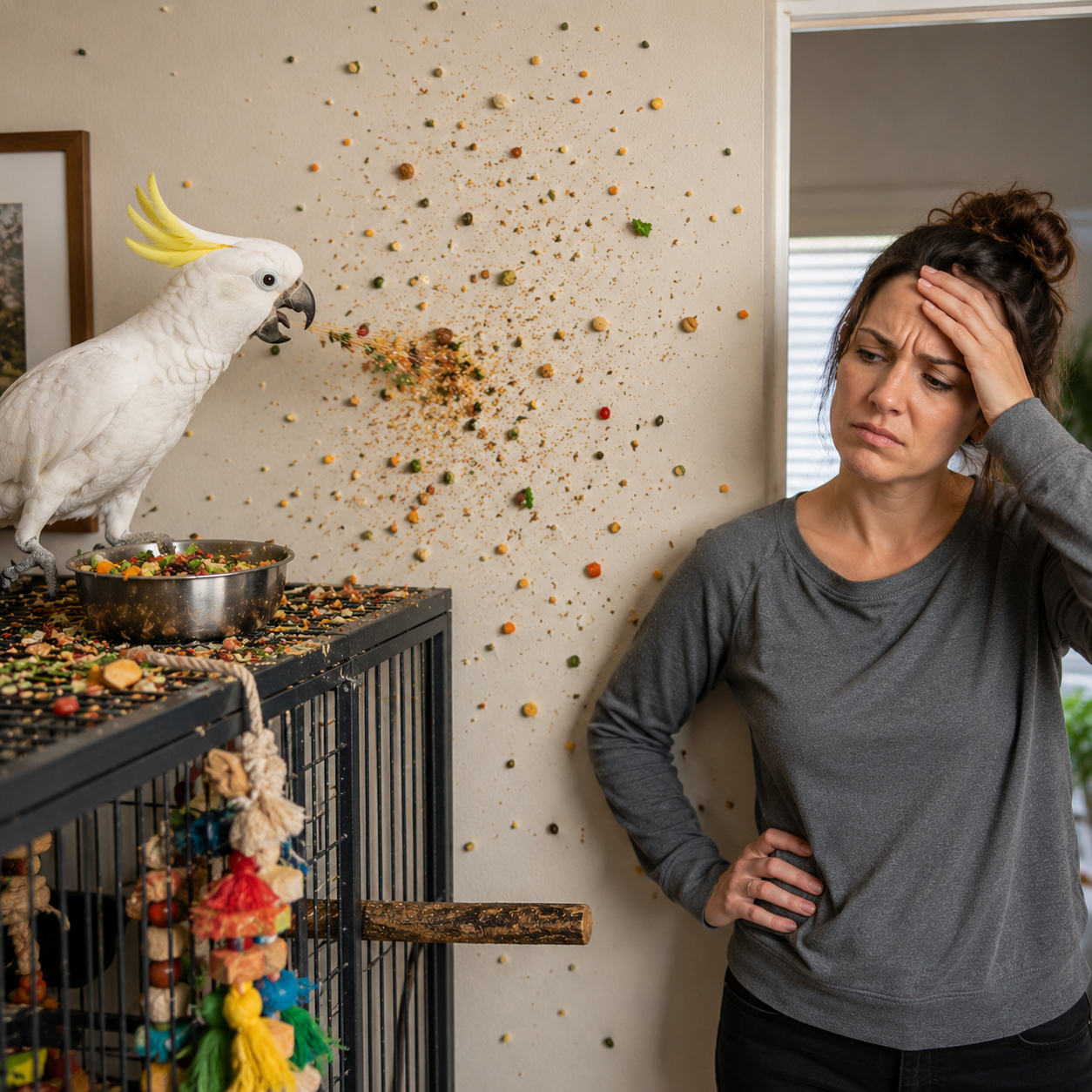 Woman with a picky eater bird that throws its food