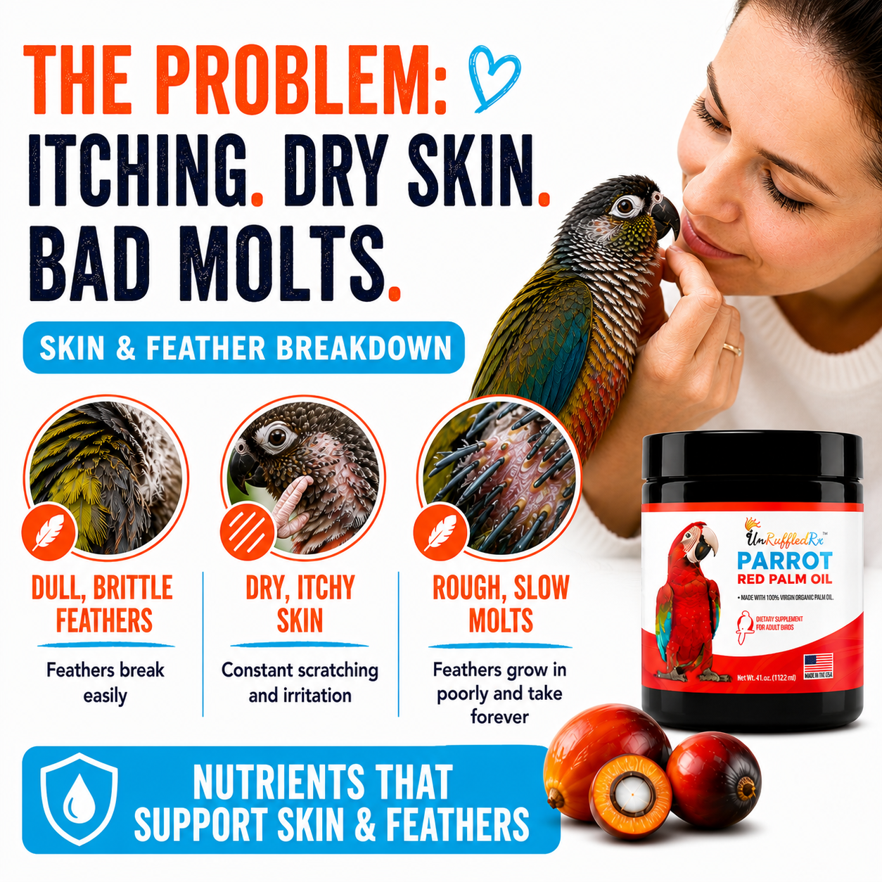 Advertisement for parrot red palm oil supplement showing a woman with a parrot and product packaging.