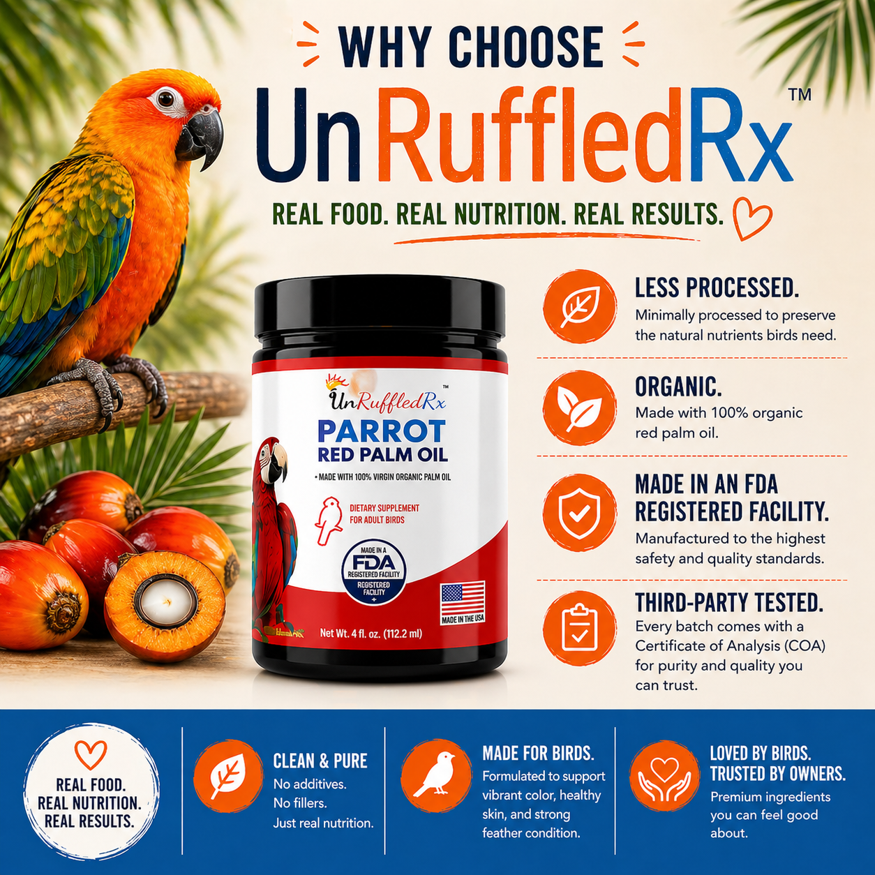 UnRuffledRx Parrot Red Palm Oil product with a parrot and palm oil on a natural background