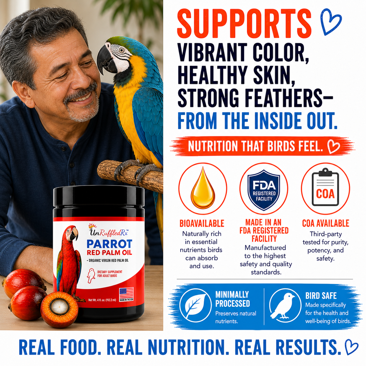 Man with a parrot and a container of parrot red palm oil with product safety features highlighted.