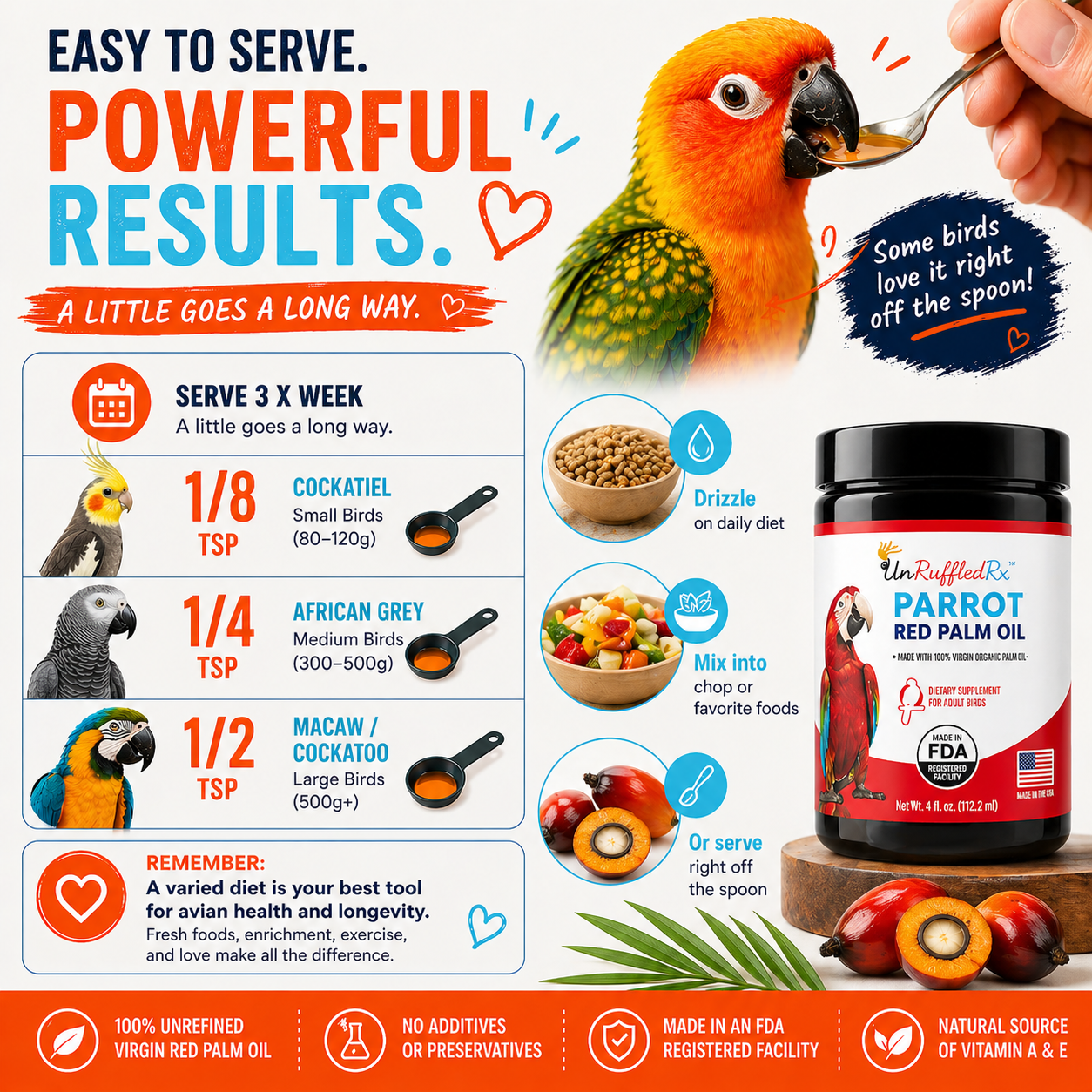 Parrot red palm oil product with usage guide and parrot illustration on a white background