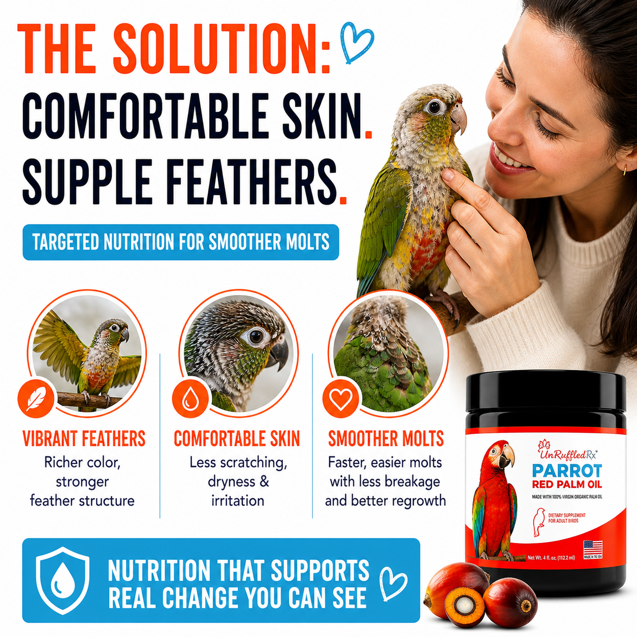 Advertisement for a parrot red palm oil product with a woman holding a parrot and text about skin comfort and supple feathers.
