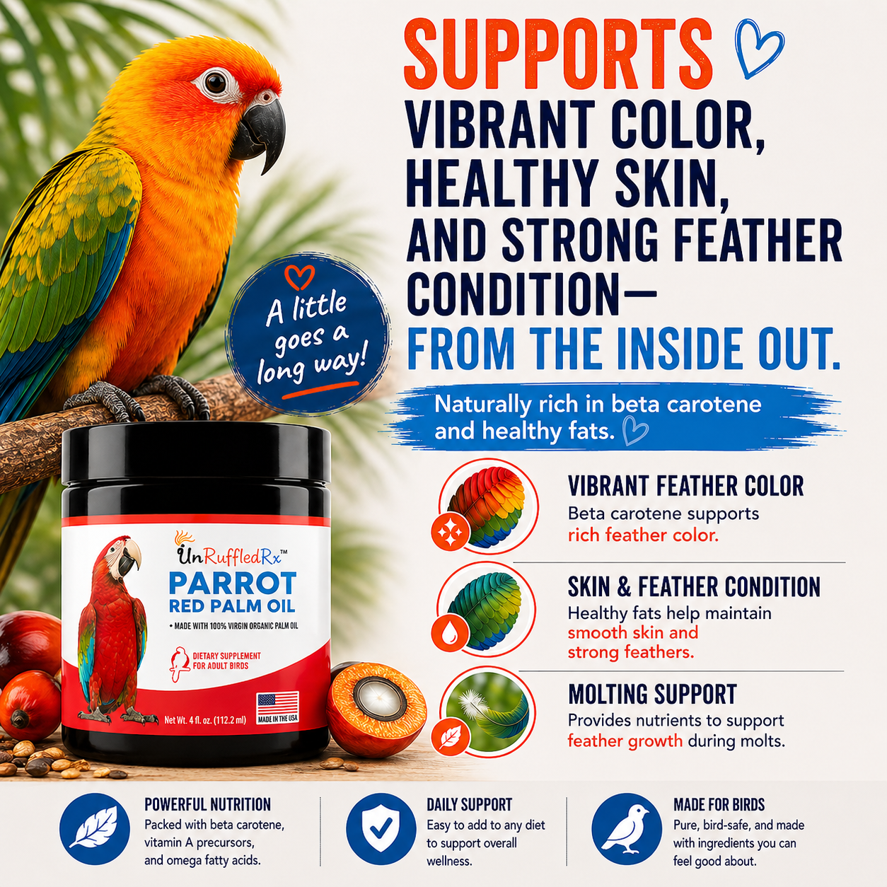 Parrot red palm oil supplement for birds with a parrot on a branch and text about its benefits.