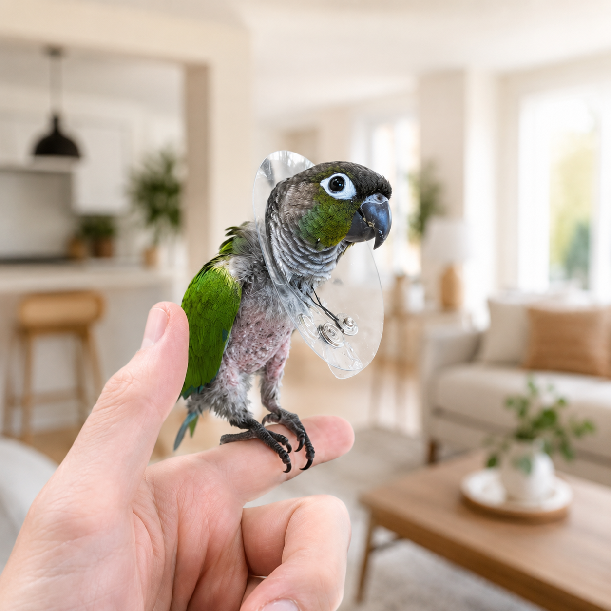 Green Cheek Conure wearing a Saf-T Shield medical grade bird collar