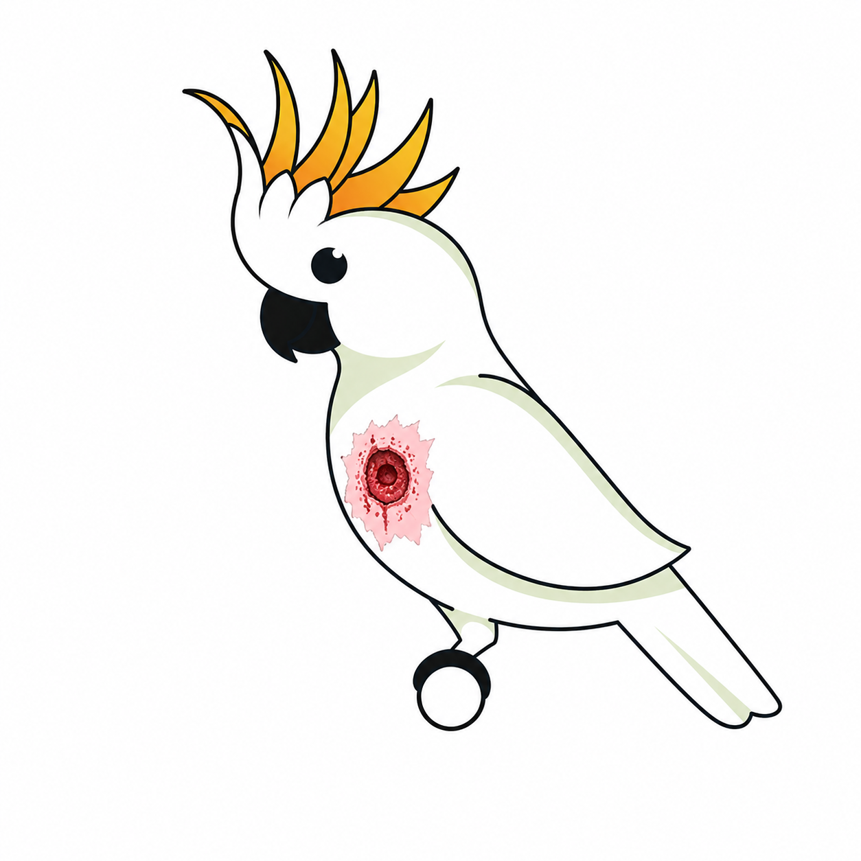 Cartoon cockatoo with a bleeding injury on its chest against a white background