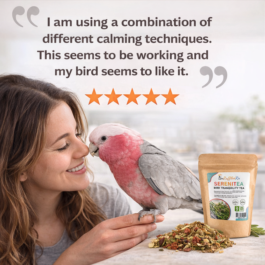 Woman with a parrot and a package of Serenitea Bird Tranquility Tea, with a testimony about how it works for her.