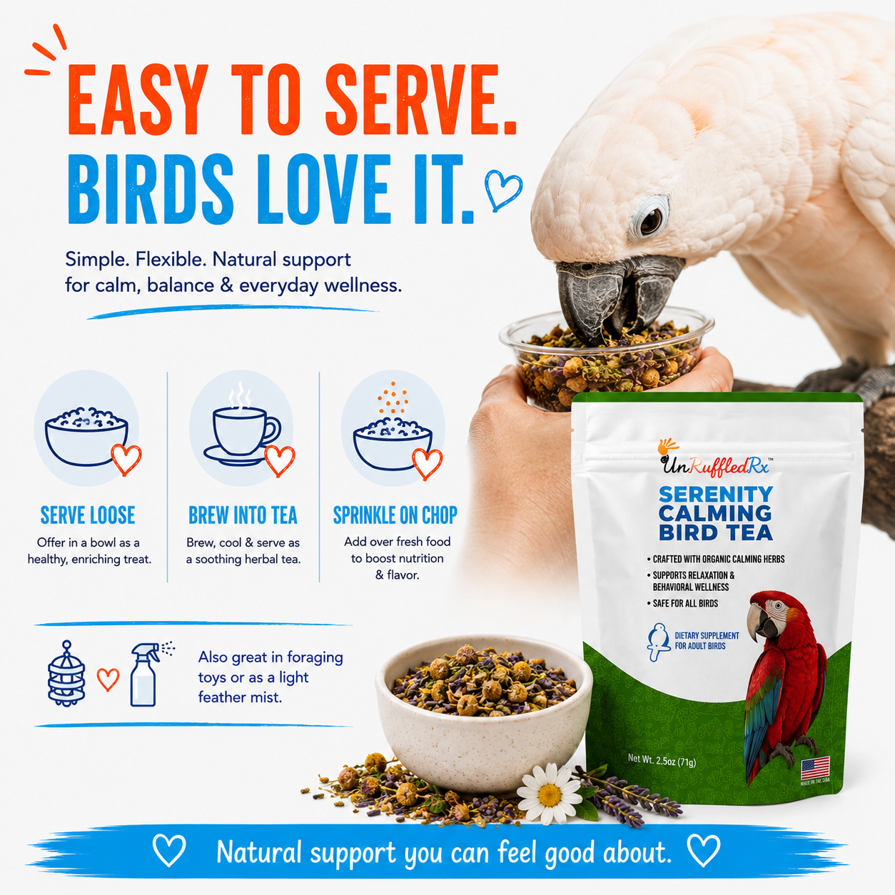 Bird tea packaging with a parrot and text on how to use it