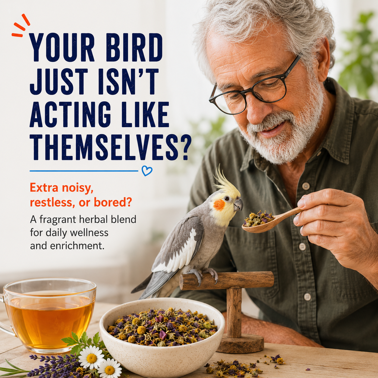 Man with a bird on his arm holding a spoon with herbs, with text about a fragrant herbal blend for birds.