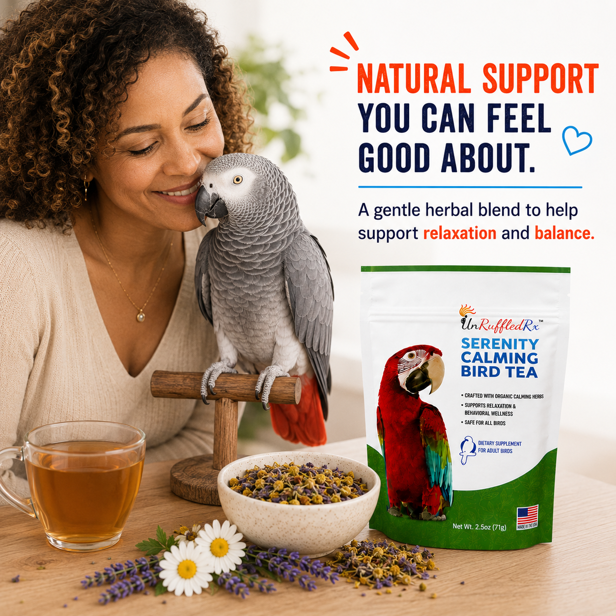 Woman with a parrot and a package of Serenity Calming Bird Tea on a wooden table.
