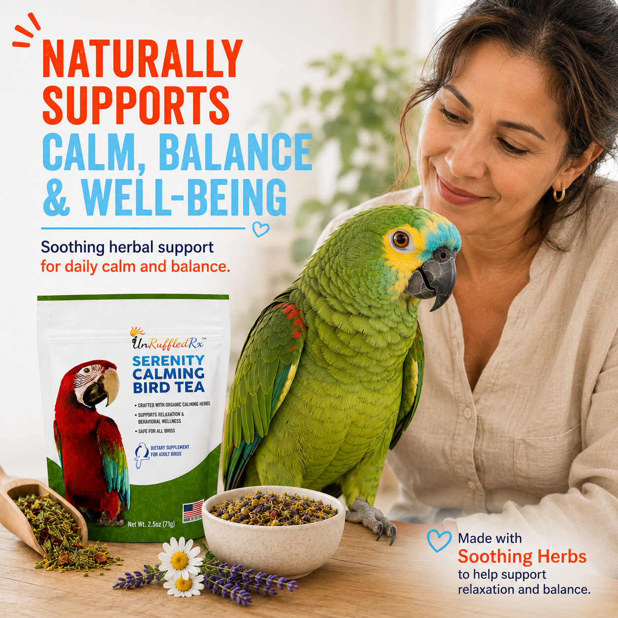 Woman with a parrot and a product package on a table, promoting natural support for calm, balance, and well-being.