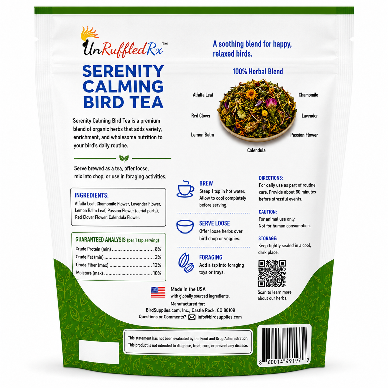 UnRuffledRx Serenity Calming Bird Tea packaging with ingredients and usage instructions.