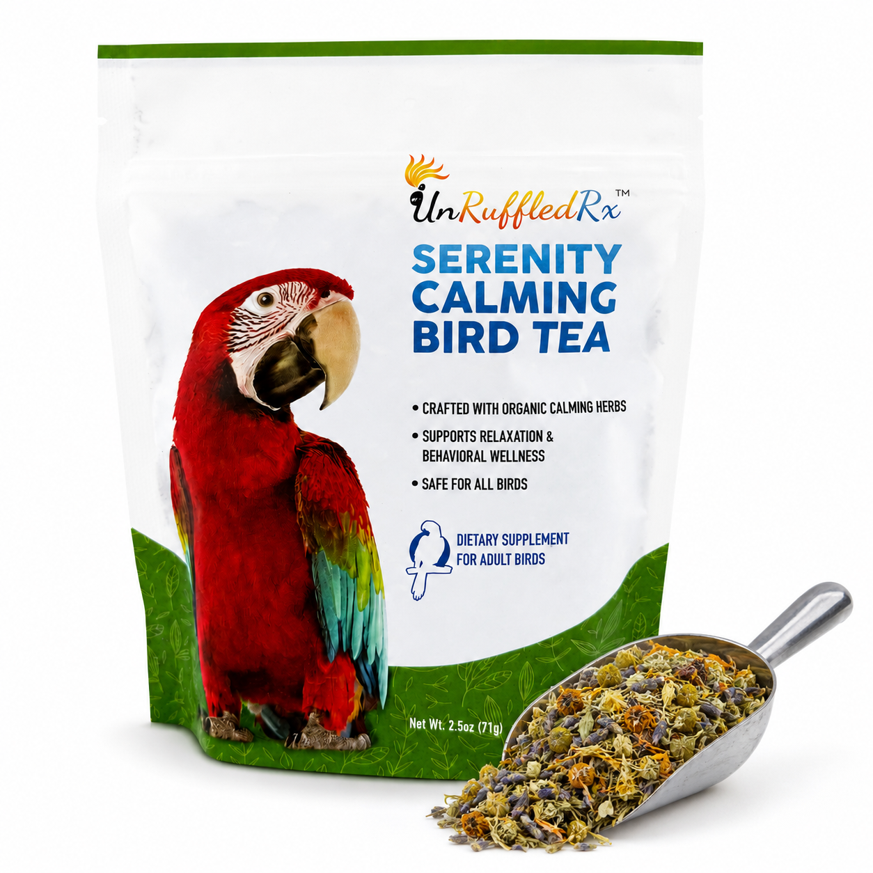 UnRuffledRx Serenity Calming Bird Tea packaging with a parrot illustration and tea scoop.