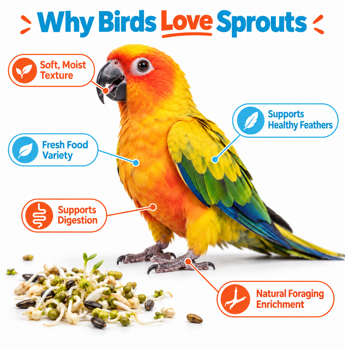 Sun conure infographic showing how fresh sprouts add food variety, soft texture, digestion support, healthy feather support and natural foraging enrichment for pet birds