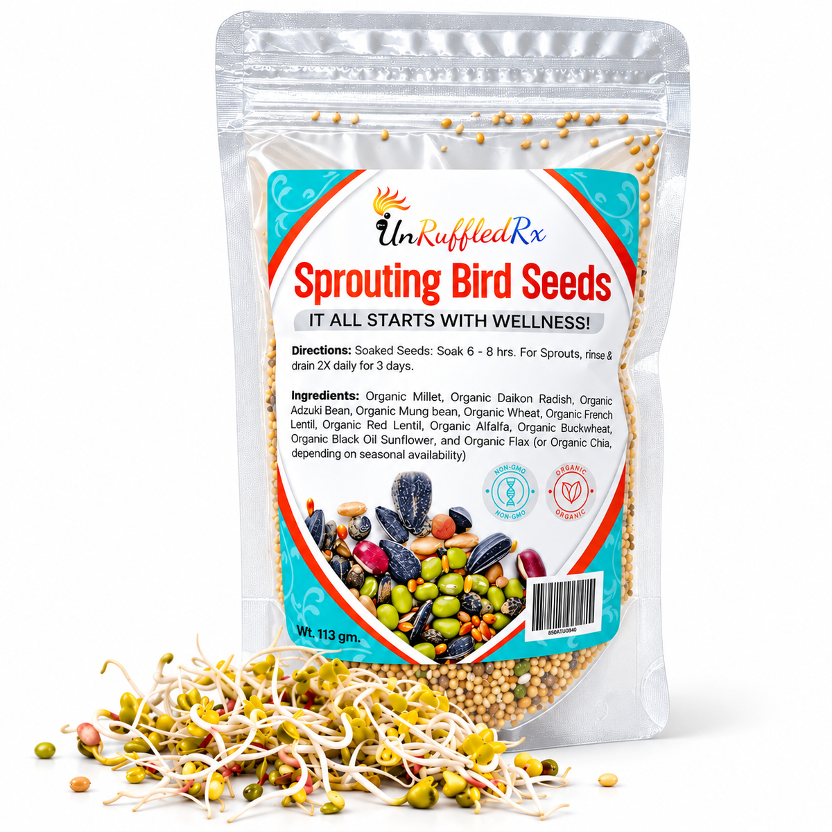 A stand-up pouch of UnRuffledRx Sprouting Bird Seeds with loose sprouted seeds scattered in front. 