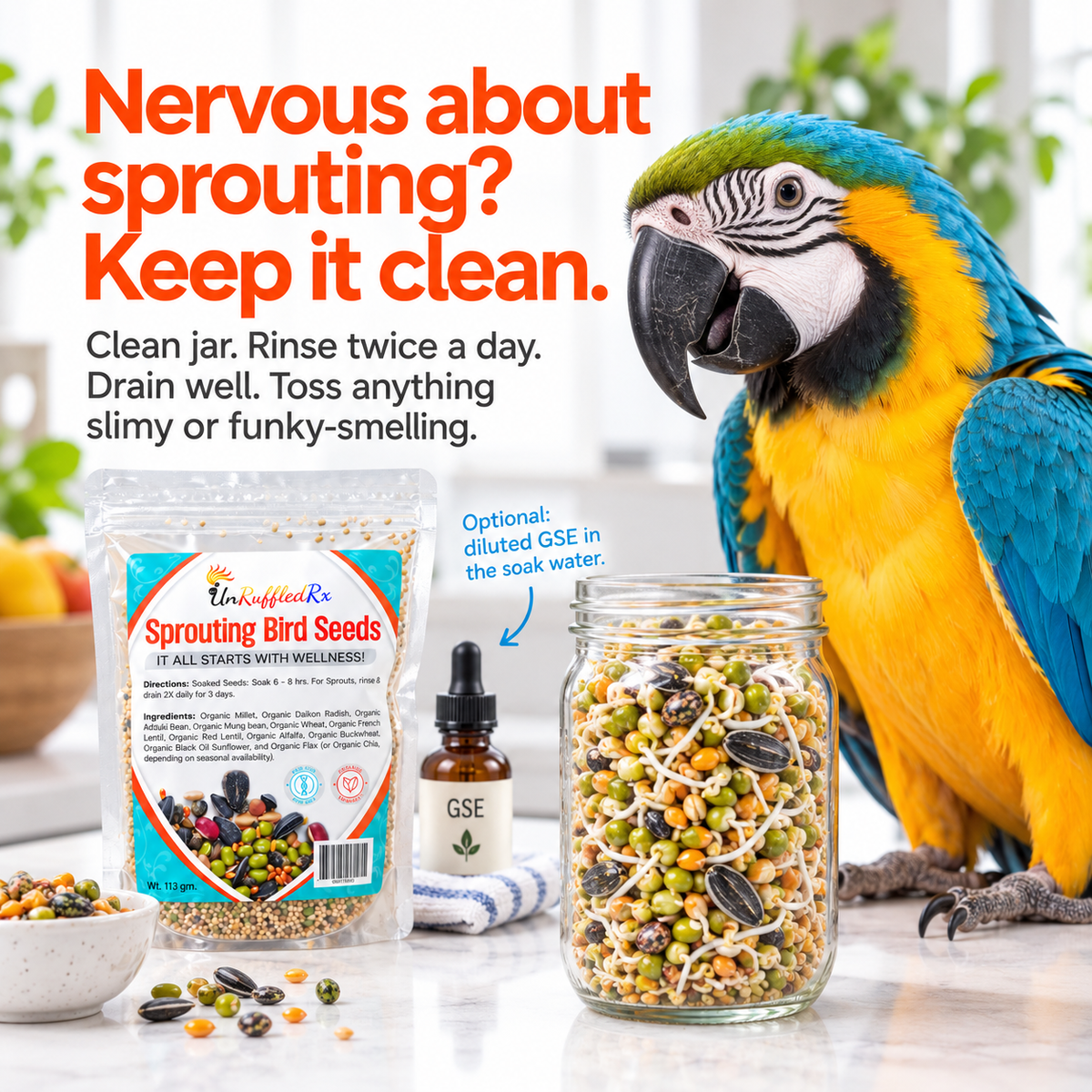A blue-and-yellow macaw parrot stands beside a glass jar of bird sprouting seeds and a dropper bottle labeled GSE, with a bag of UnRuffledRx Sprouting Bird Seeds also shown. Large orange marketing text reads, 'Nervous about sprouting? Keep it clean.