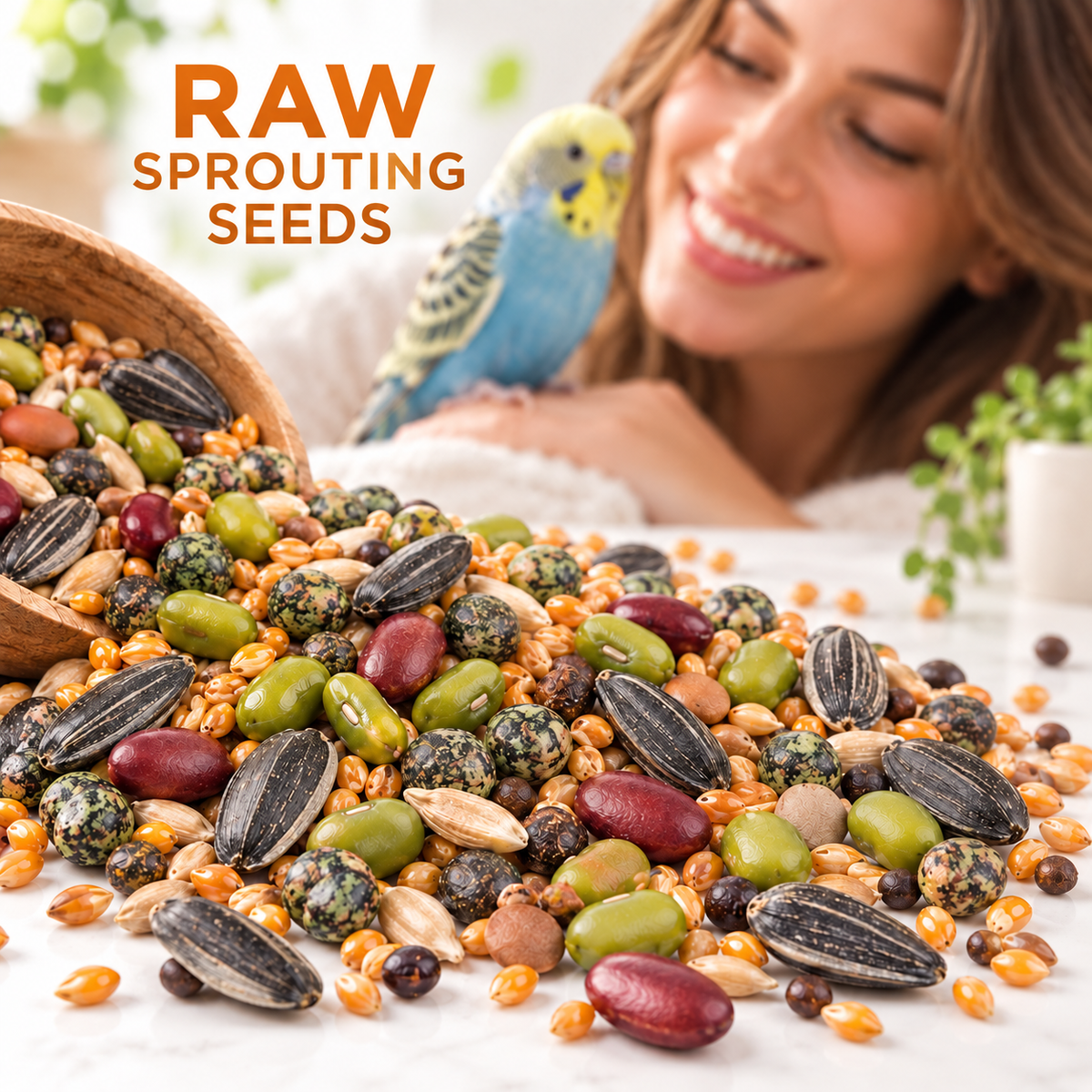 Variety of organic raw seeds, grains and legumes for soaking or sprouting as fresh bird food
