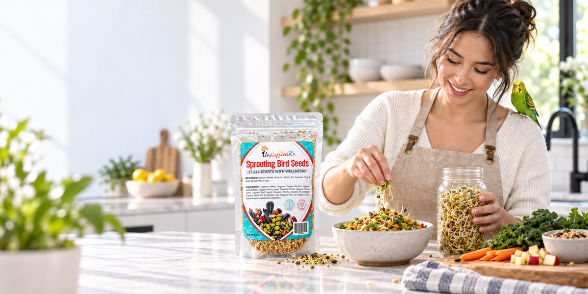 A woman in a kitchen preparing fresh bird chop and adding UnRuffledRx Sprouting Bird Seeds to add nourishment to the chop