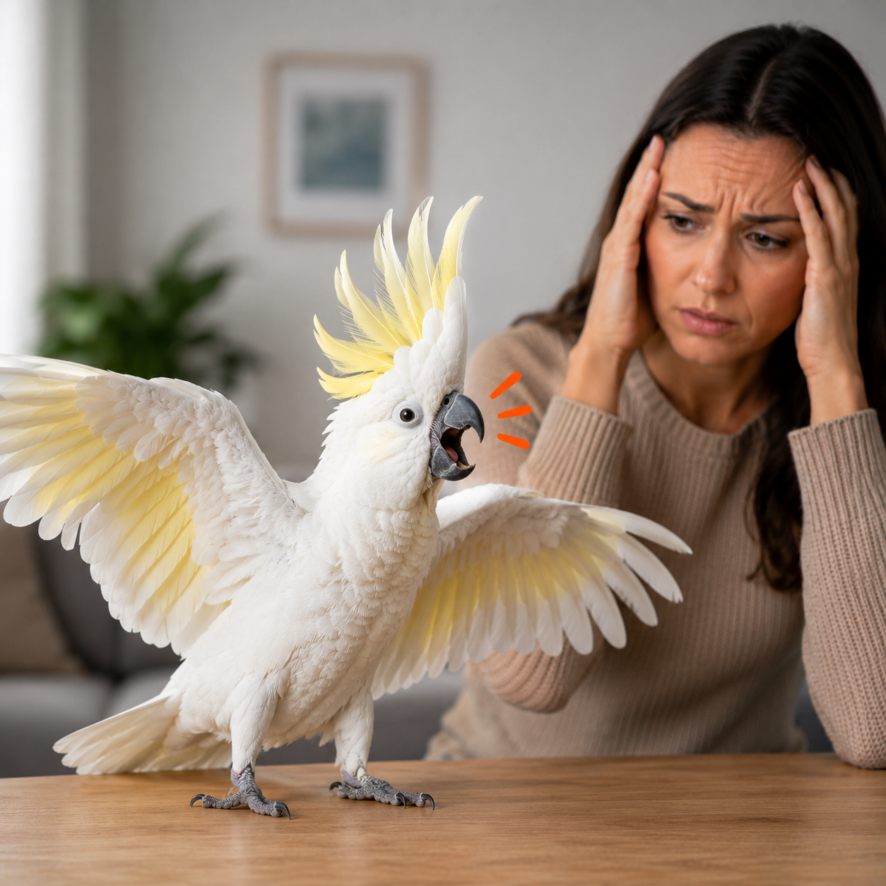 Woman reacting to a stressed out cockatoo that is screaming and anxious