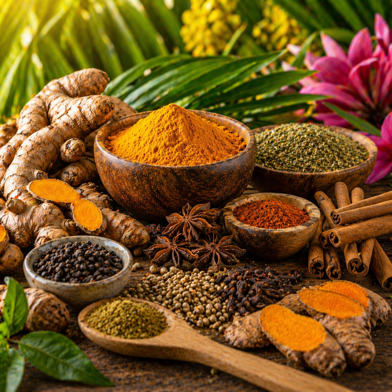 Bird-safe spices including turmeric, Ceylon cinnamon, cayenne pepper, and black pepper, used in avian nutrition to support healthy inflammation response, circulation, and overall wellness in parrots and pet birds