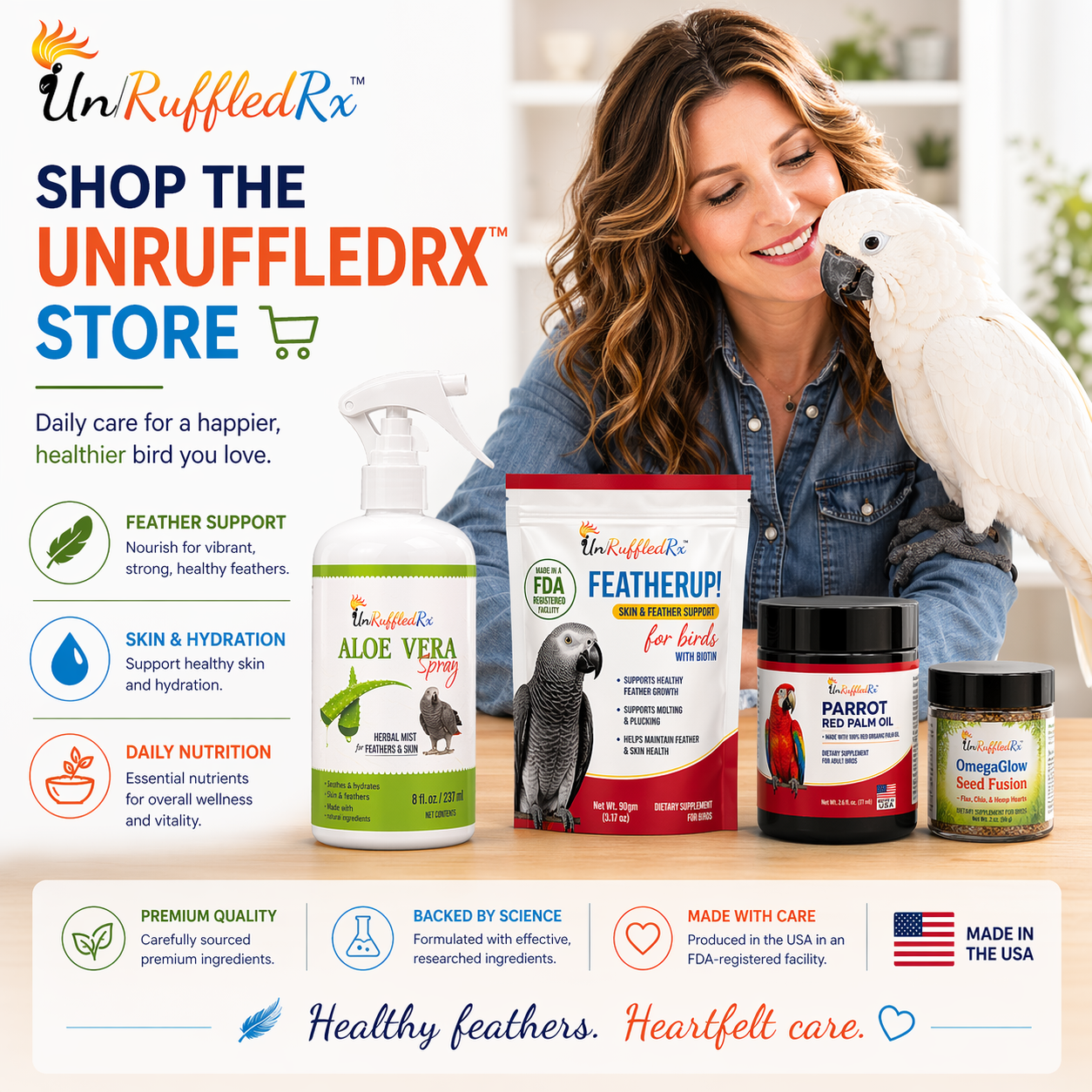 Woman with a parrot and UnRuffledRx pet care products on a table.