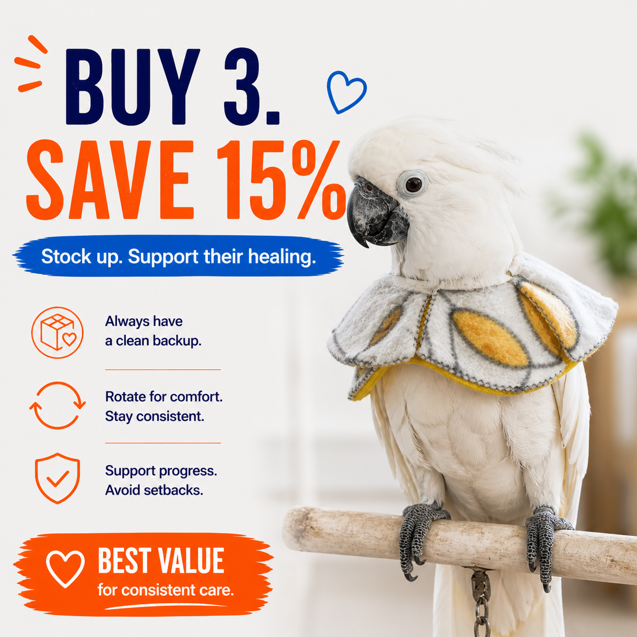 Promotional graphic with a parrot wearing a bandage and text about a 15% discount offer.