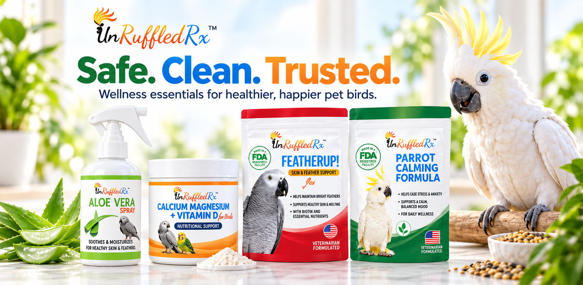 Four UnRuffled Rx pet supplement containers displayed on a bright white surface with a white cockatoo parrot on the right and aloe vera leaves on the left. The products include Aloe Vera Spray, Calcium Magnesium + Vitamin D, Featherup! Feeder, and Parrot Calming Formula.