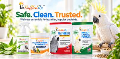 Four UnRuffled Rx pet supplement containers displayed on a bright white surface with a white cockatoo parrot on the right and aloe vera leaves on the left. The products include Aloe Vera Spray, Calcium Magnesium + Vitamin D, Featherup! Feeder, and Parrot Calming Formula.
