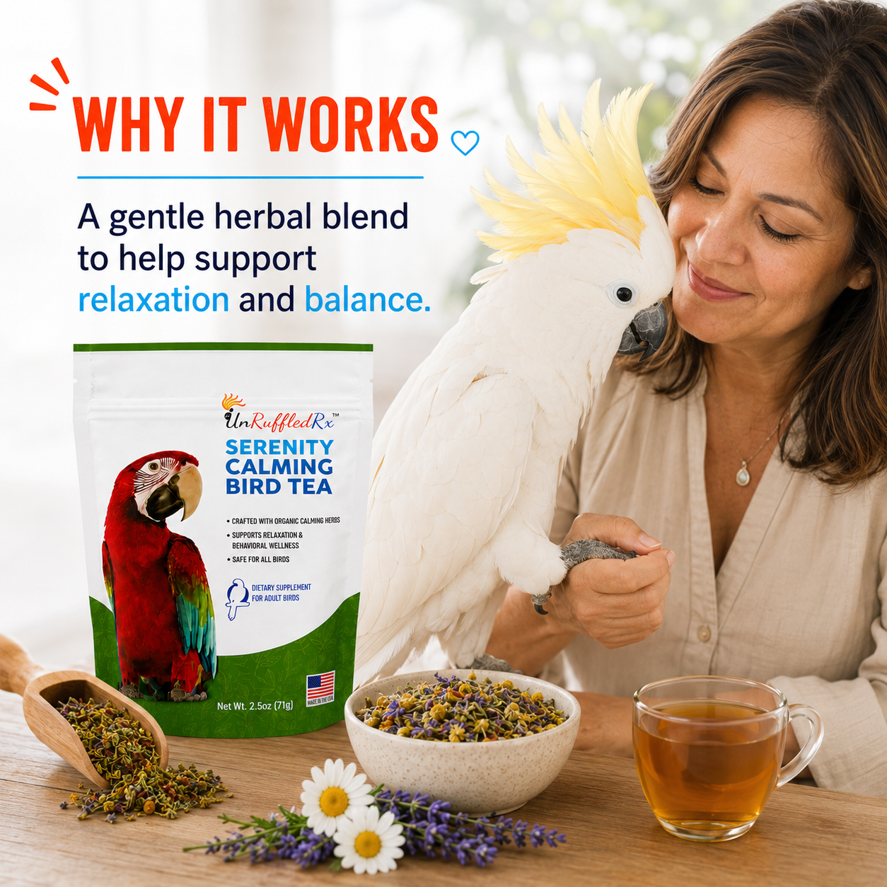 Woman with a parrot and a bag of Serenity Calming Bird Tea on a table 